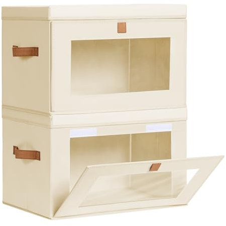 DIMJ Wardrobe Storage Box with Lid - 2 Pack Collapsible Bins with Handle and Front Window, Decorative Fabic Boxes Clothing Organiser for Shelves Containers Bedroom Office, Beige, 42×30×28CM