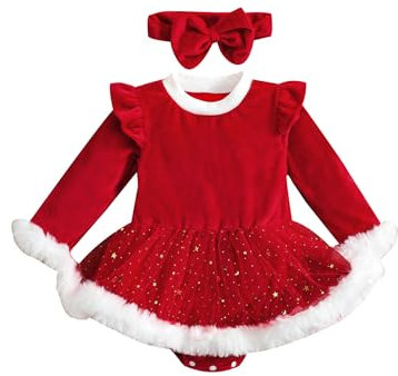 Kaerm Baby Weihnachtskleid Mädchen Langarm Strampler Kleid Samt Partykleid Fellbesatz Winterkleid Mit Glitzer Sterne Tüllrock Haarband Für 3-24 Monate Rot 86-92
