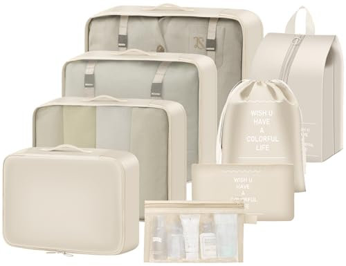 8 Packs Packing Cubes for Suitcases,MOFELON Travel Luggage Organiser Bags,Waterproof Packing Cubes for Backpack Suitcase,Travel Essentials Bag Compression Storage Bags,Travelling Accessories(Beige)