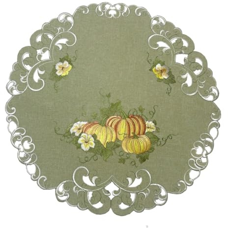 Orange Kürbisse und Blumen auf grünem Grund Tischläufer Tischdecke Mitteldecke Deckchen gestickt (ca. 60 rund)