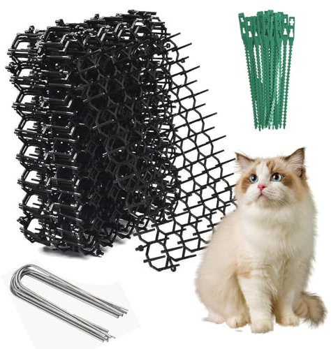 15 Pcs Cat Scat Mat with Spikes,15.5 * 20cm Cat Repellent Mat with Spikes Anti Cat Dog Deterrent, Prickle Strip Dig Stopper Stirp Pet Deterrent Net with 8 U-Shaped Pegs and 15 Cable Ties for Garden