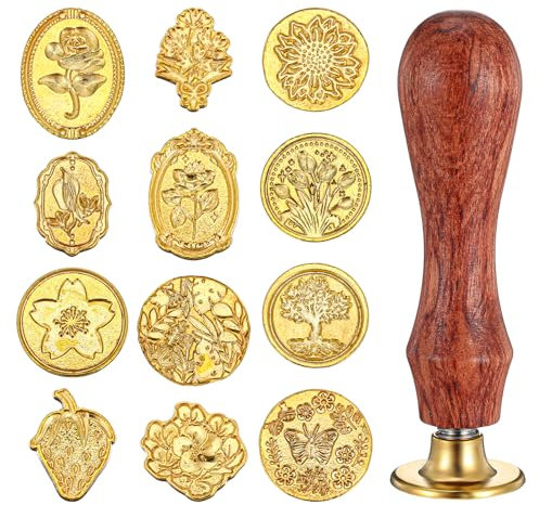 12 Stück Poststempel Wachssiegel Stempel Kopf mit Massivholz Griff Metall Siegelstempel Set Golden Blumen Klassisch Siegelstempelkopf Handwerk für Briefe Grußkarten Museumsstempel