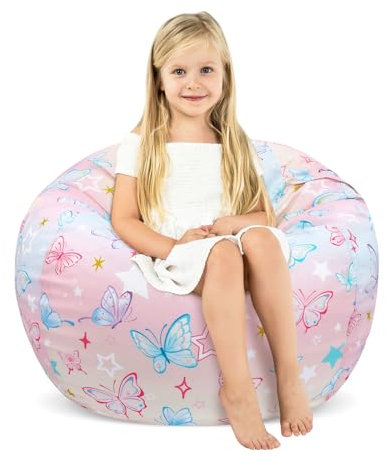 Kids Bean Bag Chair-Cover Only-Large Stuffed Animal Storage Bean Bag for Girls Boys Indoor Outdoor (No Filling),Colorful Butterfly