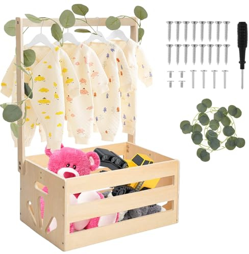 Yunlaishaocer Holz Baby Geschenk Korb mit Griff, Babykorb Neugeborene mit Grüne Kletterpflanzenzweige, Wickelkorb, Kinderdusche Holzkisten, Schwangerschaftsgeschenke für Neue Eltern (Naturholzfarbe)
