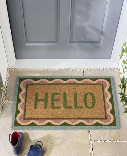 Coir Door Mat for Doorway, Home Entry, Balcony, Garden, Dirt Trapper Entrance Indoor Outdoor Non-Slip Absorbent Welcome Mat Natural Doormat in 45 x 75 cm (Hello Scallop)