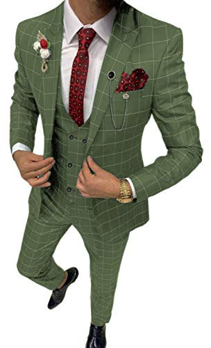 Solovedress Costume pour homme 3 pièces classique à carreaux pour homme, veste, pantalon, gilet pour mariage et affaires, vert olive, M