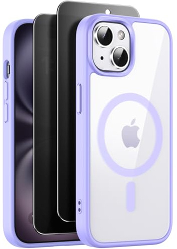 Cover Magnetica per iPhone 15 con 2 Pezzi Privacy Pellicola Protettiva [Compatibile con MagSafe] [Protezione Militare Antishock] Custodia Sottile Anticaduta Trasparente Anti-Giallo, Violetta