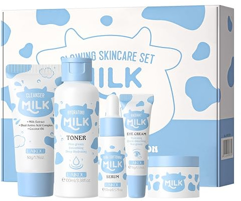 5-teiliges Milch Hautpflege Set – Koreanisches Gesichtspflege Set mit Cleanser, Toner, Serum, Augencreme & Creme – Teenager Gesichtspflege Geschenkset – Reiseset für Frauen & Jugendliche