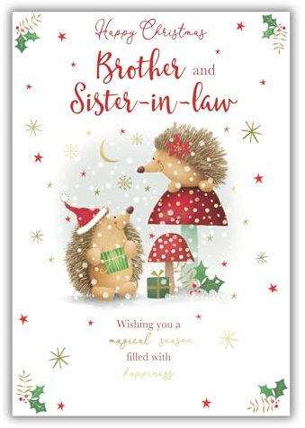 Kingfisher Cards Weihnachtskarte für Bruder und Schwägerin – niedliches Igel-Design – Folien-Finish – festliche Weihnachtskarte für ein besonderes Paar