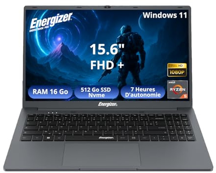 Energizer EnergyBook Pro 15,6 – PC Portable 15,6’’ FHD IPS – AMD Ryzen 5 3.7 GHz – 16Go RAM, 512Go SSD NVMe – Vega 8 – Windows 11 – Batterie Longue Durée 6000 mAh – Clavier QWERTY – Ultra-Performant