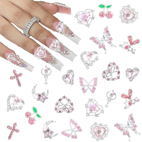 3D Nail Charms,24Pcs Love Heart Star Cross Cherry Butterfly Bow Nail Rhinestone Charms,Metal Alloy Nail Art Decorations for Manicure Design Accessories DIY Crafts (A Pink)