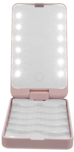 Ciieeo LED Eyelash Storage Box with Lighted Makeup Mirror, Pink False Lash Organiser Case for Travel and Home, Portable Cosmetic Container with Built-in Light Strip, Eyelash Extension Holder