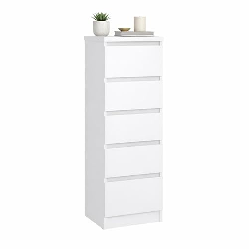 Cómoda, Cajonera Dormitorio SIL Gloss White con 5 Cajones,Color Blanco Alto Brillo, 41 x 50 x 112 cm