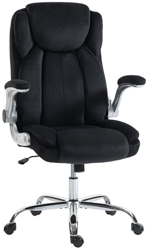 HOMCOM Ergonomischer Schreibtischstuhl, Bürostuhl mit hoher Rückenlehne, klappbare Armlehnen, Sitz mit Federn, verstellbare Höhe, Wippfunktion, Samtbezug, Schwarz