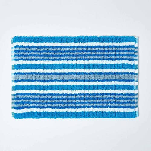HOMESCAPES Handloomed Blue Striped Rug, 100% Cotton Bath Mat Suitable for any Room Including Wet Rooms