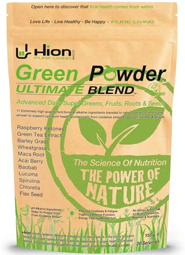 Hion Super Greens Powder | 11 Superfoods incl. Wheatgrass, Spirulina, Chlorella & Green Tea | Energy, Gut & Immune Support | No Fillers | Vegan & Gluten-Free | 30 Servings | Award-Winning & UK Made