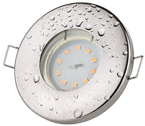 JungesLicht Bad Einbaustrahler Aqua IP65 Edelstahl gebürstet Ø83mm, für Bohrlöcher von 55-68mm, GU10 230V LED 5W 420lm 3000K warmweiß, Deckenspot inkl. Leuchtmittel & Fassung