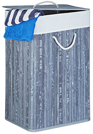 Relaxdays Bamboo Square Laundry Hamper, 65.5 x 43.5 x 33.5 cm, Folding Laundry Basket, 83L, Rectangular, Grey