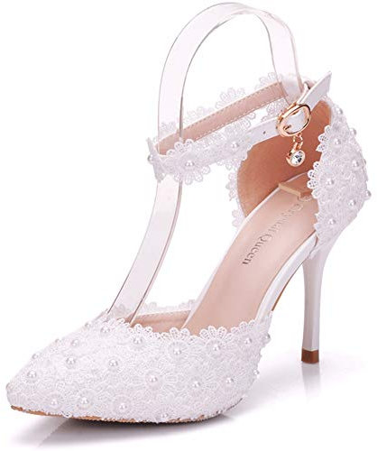 Damen High Heels Sandalen Weiß Spitze Perlen Hochzeit Schuhe Spitze Spitze Zehen Brautschuhe, Weiß (9,5 cm, weiß), 37 EU