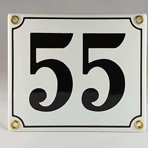 Emaille Schild Hausnummer 55 Schwarz-Weiß Handarbeit