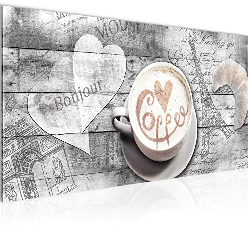 Runa Art Wandbild Kaffee Küche 1 Teilig 100 x 40 cm Modern Bild auf Vlies Leinwand Kaffeetasse Holz Esszimmer Küchenbilder Grau Beige 012812c