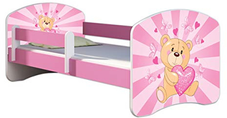 ACMA Kinderbett 80 x 180 cm mit Matratze & Lattenrost – Jugendbett mit Rausfallschutz, personalisiertes Motiv 10 Teddybär - Rosa, Mädchenbett ab 3 Jahren, belastbar bis 120 kg