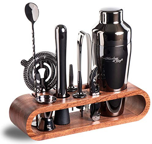 Mixology, set per cocktail da 10 pezzi, set da barista in mogano con cucchiaio, shaker Boston, altri strumenti per mescolare bevande, Martini, mocktail – Set regalo (nero)