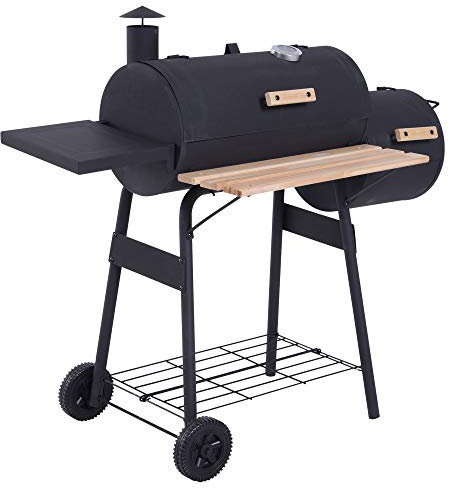 Outsunny Smoker Grill BBQ Holzkohlengrill Grillwagen Multifunktion mit 2 x Brennkammer Schornstein Metall + Tannenholz Schwarz 124 x 53 x 104 cm