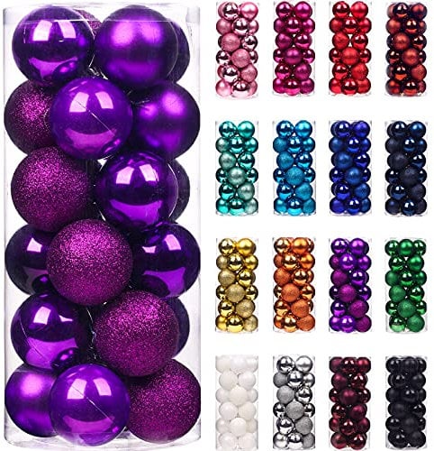 Emopeak 24Pcs Christmas Balls Ornaments for Xmas Tree - Shatterproof Hanging Balls for Holiday Wedding Party Decoration (Purple, 1.2-3.1CM)