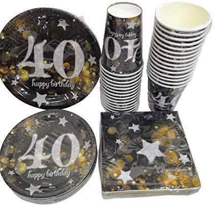 Lenwoy Serves 30 | Complete Party Pack | Happy 40th Birthday | 9 Dinner Paper Plates | 7 Dessert Paper Plates | 12 oz Cups | 3 Ply Napkins | 40th Birthday Party Theme