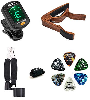 Meeland Guitar Accessories Kit, Clip On Guitar Tuner, Guitar Capo（Rosewood Colour）, Guitar String Winder Cutter Pin Puller 3 in 1 tool, Pick Holder, 6 Guitar Picks(6 Thickness）