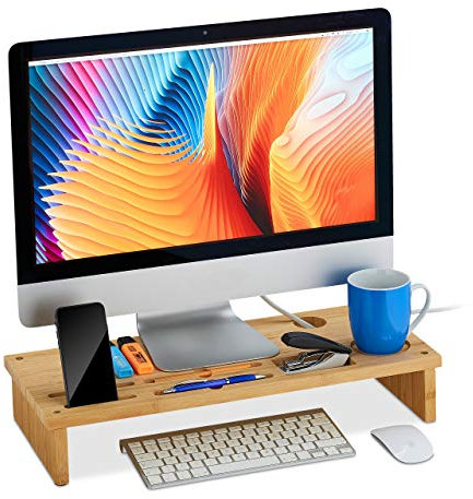 Relaxdays Soporte Monitor Bambú, con Compartimentos, Sobremesa, Elevador Pantalla para Escritorio, 9x54x23 cm, Natural