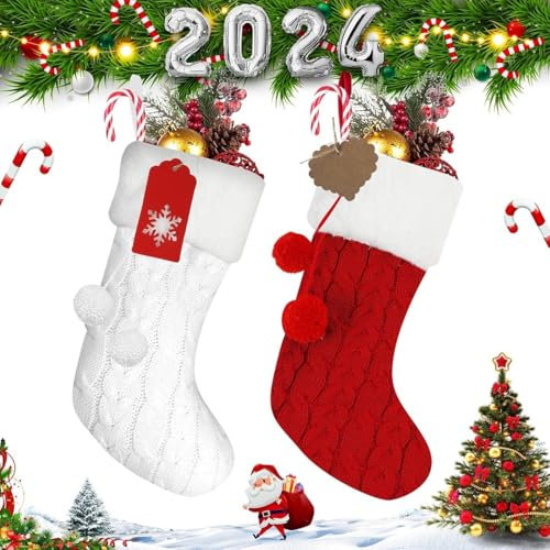 Große Weihnachtsstrümpfe, 4 Stück, rot, weiß, grün, burgunderrot, elfenbeinfarben, dehnbar, gestrickt, Weihnachtsstrümpfe mit 50 personalisierten Geschenkanhängern für Familie, Urlaub (2pcs regular)