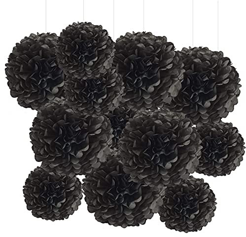 GAKA FAVOR Black Tissue Hanging Paper Pom & Flower Ball Wedding Birthday Party Decoration (6Pcs 12in & 6Pcs 10in)