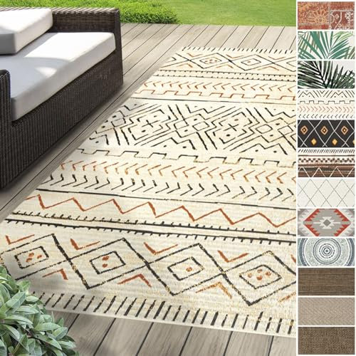 Floordirekt Outdoor Teppich wetterfest & UV beständig für Terrasse, Balkon oder Küchenläufer, Flurläufer & Wohnzimmerteppich Robustes, flachgewebtes kurzflor Teppich waschbar 80 x 150 cm Aztec Gelb