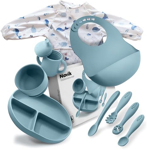 Navik | Juego vajilla bebe de silicona | Incluye plato ventosa dividido | vaso aprendizaje | cuchara | cuenco | +6 meses | azul ártico