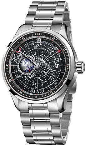 OBLVLO Luxusmarke Edelstahl Automatische Mechanische Uhr für Herren Leuchtende Erdsternuhr Wasserdicht GC-SW (GC-SW-YBYS)