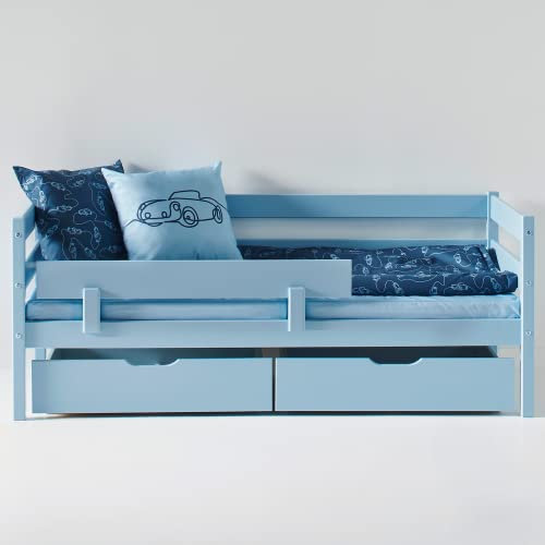 Hoppekids ECO Comfort Kinderbett 70x160 mit Lattenrost, Rausfallschutz und Zwei Bettschubladen | Traumblau | Nordisches Umweltzeichen Zertifiziert | FSC®-zertifiziertes massives Kiefernholz