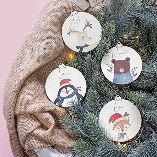 Personalisierte Weihnachtskugeln aus Holz - Christbaumkugeln mit Namen | Verschiedene Sets | Christbaumschmuck | Weihnachtsdeko - Hello mini (Waldtiere, 4er Set)