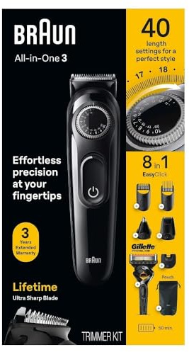 Braun All-in-One Style Kit Series 3 3470, 8-in-1 Trimmer for Men with BeardTrimmer, Ear & NoseTrimmer, Hair Clippers & More, Ultra-Sharp Blade, 40 Length Settings, Washable