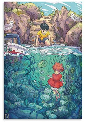 BBZL Ponyo Sulla Scogliera Poster Leinwand Kunst Dekorative Gemälde Bild Druck Modern Familie Junge Mädchen Schlafzimmer Wohnzimmer Dekoration Wanddekoration Poster 50 x 75 cm