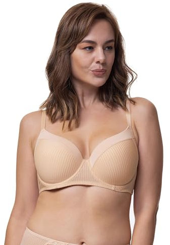 Dorina Carmen Reggiseno Demi Leggermente Imbottito, Tessuto Microfibra Strisce Burnout, Ferretto, Ali a U Power Mesh, Spalline Regolabili, Chiusura Ganci Tre Strati, Seno Formoso, Beige