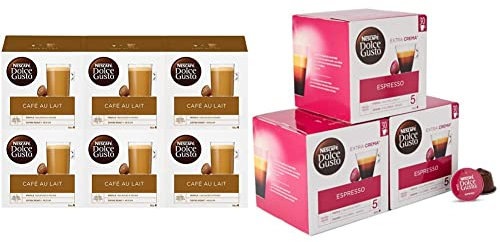 NESCAFÉ DOLCE GUSTO Café au Lait - 96 Capsules (Pack de 6 boîtes x 16) & Espresso - 90 Capsules (Pack de 3 boîtes XL x 30)