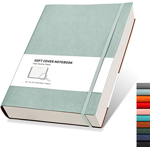 RETTACY Notizbuch B5 liniert - Dickes Tagebuch mit 320 nummerierten Seiten, 1 Rücktasche und hochwertigem Softcover für Frauen und Männer im Büro oder in der Schule, 19 x 25 cm - Graublau