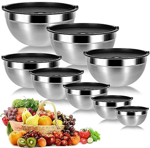 Cinnani 8 Lot de Bol Inox avec Couvercle, Bols mélangeurs, Saladier, Bols de Service, Bol cuisine multifonctionnel