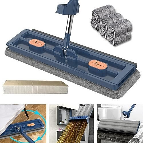 Camiraft Grand Balai Plat de Nouveau Style, Mop avec Manche Longue, Microfibre avec Essorage Intégré, 6 Tampons Microfibre, Utilisation Humide Sèche, pour Sol