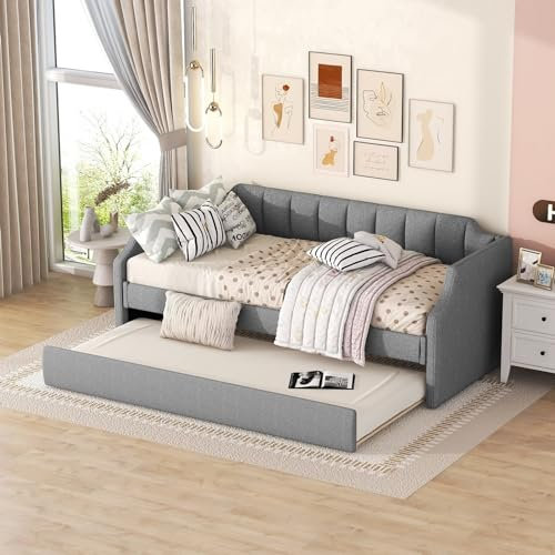 AMDXD 90 x 200 (190) Ausziehbett, Gepolstertes Einzeltagesbett mit Rollbett, Schiebebett Rutschbett, Grau