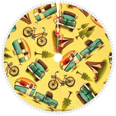 Auto und Fahrrad Druck Weihnachtsbaum Rock Matte mit Pom Trim,für Urlaub Weihnachtsbaum Dekorationen