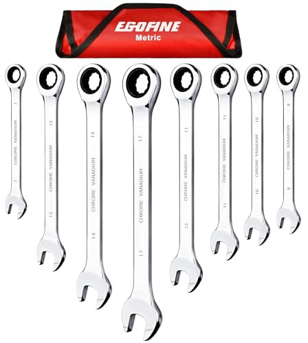 EGOFINE 8-Piece Ratcheting Wrench Set, Cr-V Steel Mertic Wrench Set from 7mm to 17mm Wrench, 72 Teeth Ratchet Wrench, 12 Point Open End & Box End Combination Wrench Set with Roll Up Pouch
