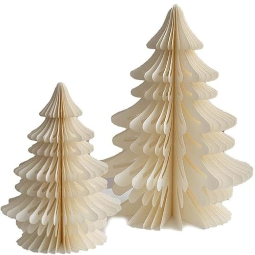 Sharharge Albero di Natale in carta a nido d'ape, 2 pezzi, decorazioni natalizie in carta 3D a forma di albero di Natale, centrotavola a nido d'ape, decorazione per tavolo e caminetto (bianco)